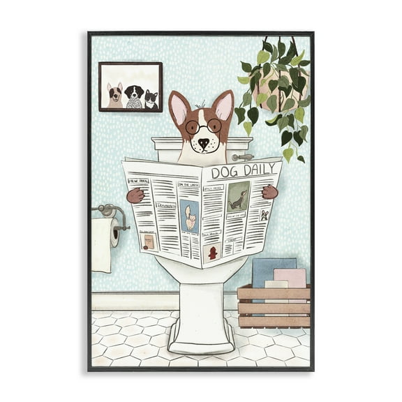 Stupell Industries Pup with Newspaper Typography Painting Black Framed Art Print Wall Art, 12 x 18