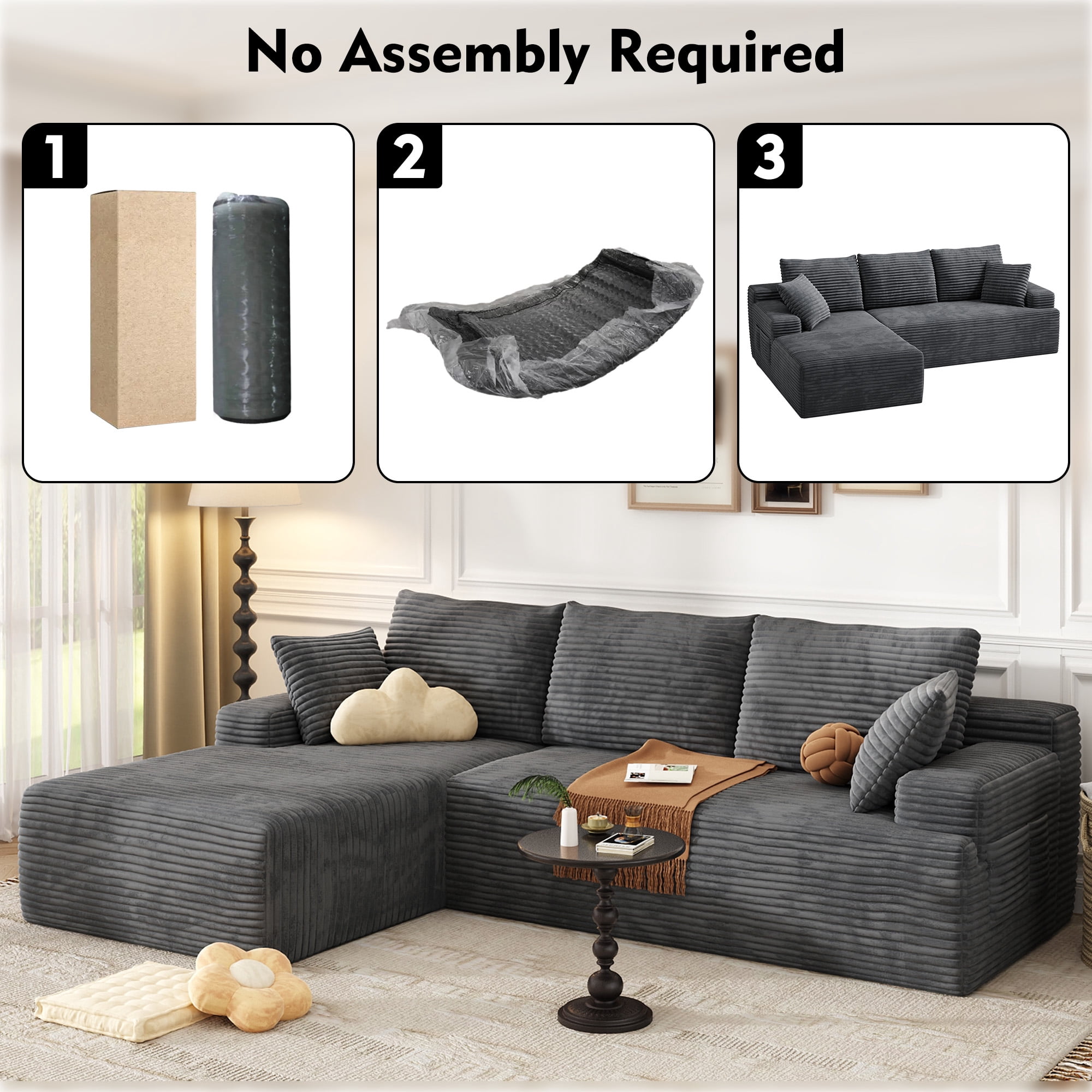 104" Modular L-Shaped Sectional Sofa, No Assembly Required Boneless Sofa with Chaise, High Resilience Foam & Corduroy Fabric, for Living Room Bedroom,(Charcoal)