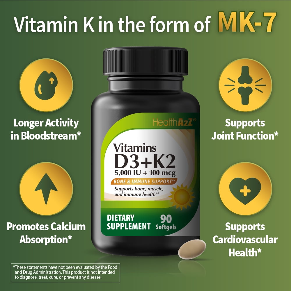 (2 pack) HealthA2Z Vitamin D3 + K2 | 5000 IU + 100 mcg | 90 Easy-to-Swallow Softgels | Clean Label, No Dyes | Bone, Muscle & Immune Support
