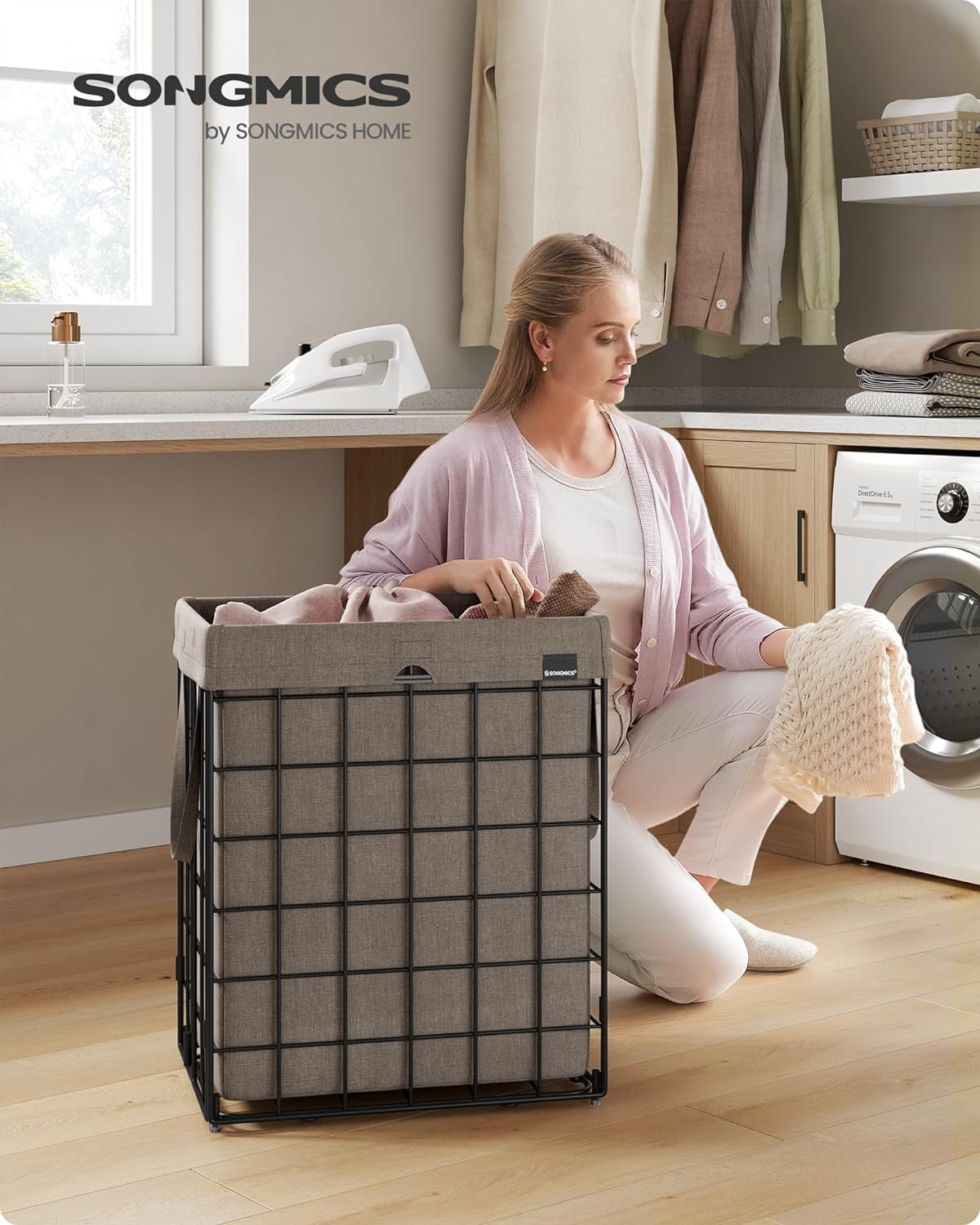 Laundry Hamper, 23.8 Gal. Laundry Basket, Collapsible Clothes Hamper, Removable and Washable Liner for Bedroom Bathroom, Black and Camel Brown