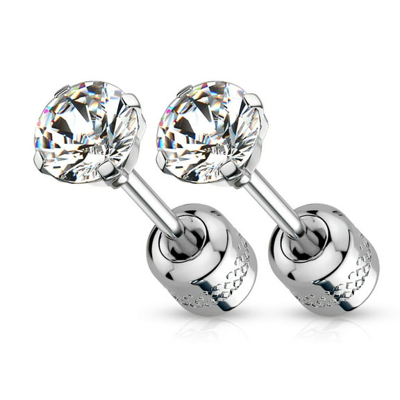 Surgical Steel Pair Prong Set CZ Gem Stud 3mm Earrings w/ Gem Centered Screw Back Silver (Choose Color)