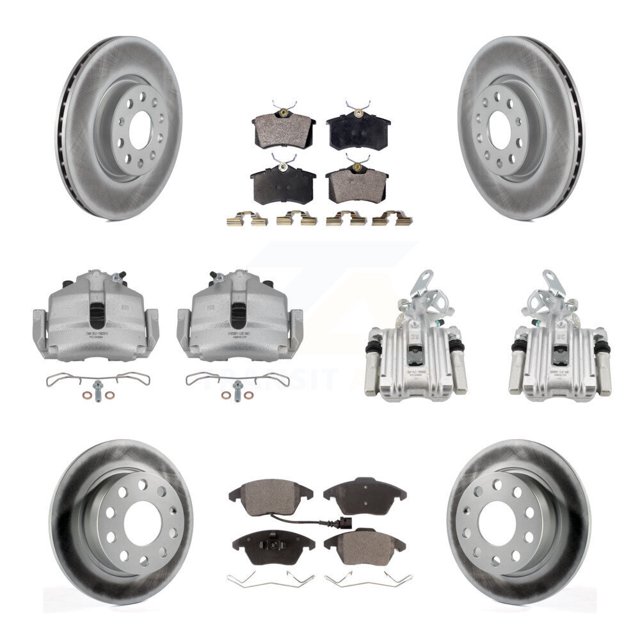 Transit Auto Front Rear Disc Brake Caliper Coated Rotors and Ceramic Pads Kit (10Pc) for Car 2016 Volkswagen Jetta 1.8L 1.4L with 312mm Diameter Rotor KCG-100989T