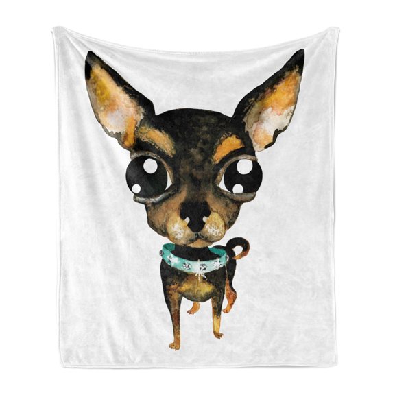 Chihuahua Soft Flannel Fleece Throw Blanket, Creative Watercolor Style Painting of Big Eyed Dog with Gem Collar, Cozy Plush for Indoor and Outdoor Use, 70" x 90", Multicolor, by Ambesonne