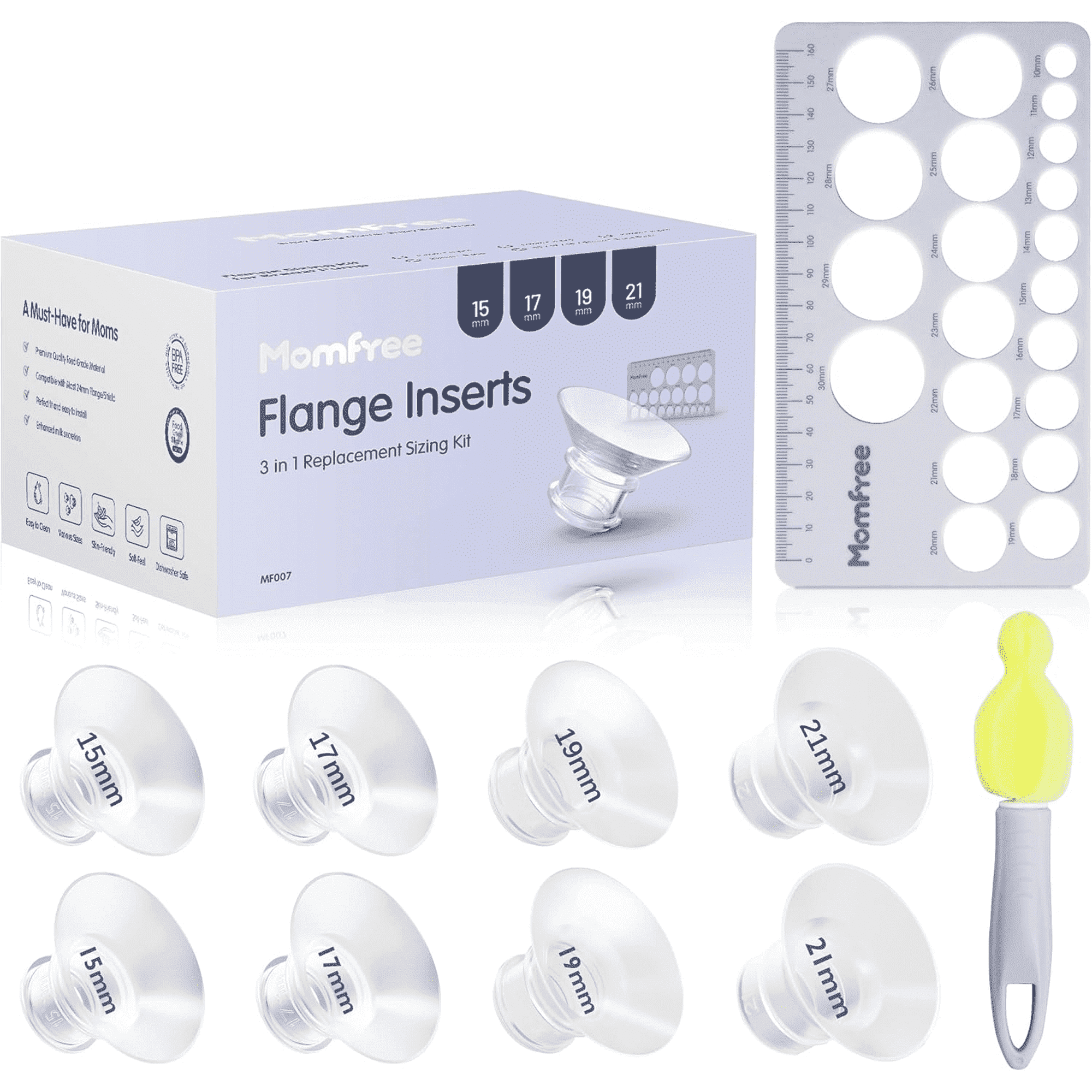 Momfree 8PCS Flange Sizing Kit 15/17/19/21 for 24mm Flanges,Soft Silicone Insert Compatible Momcozy/Spectra/Medela Breast Pump,Breast Pump Essential