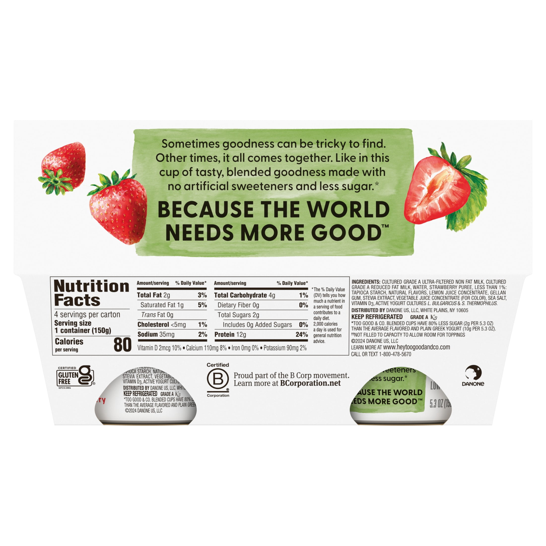 Too Good & Co. Lower Sugar Strawberry Flavored Low Fat Greek Yogurt Cultured Product, 5.3 oz, 4 Count
