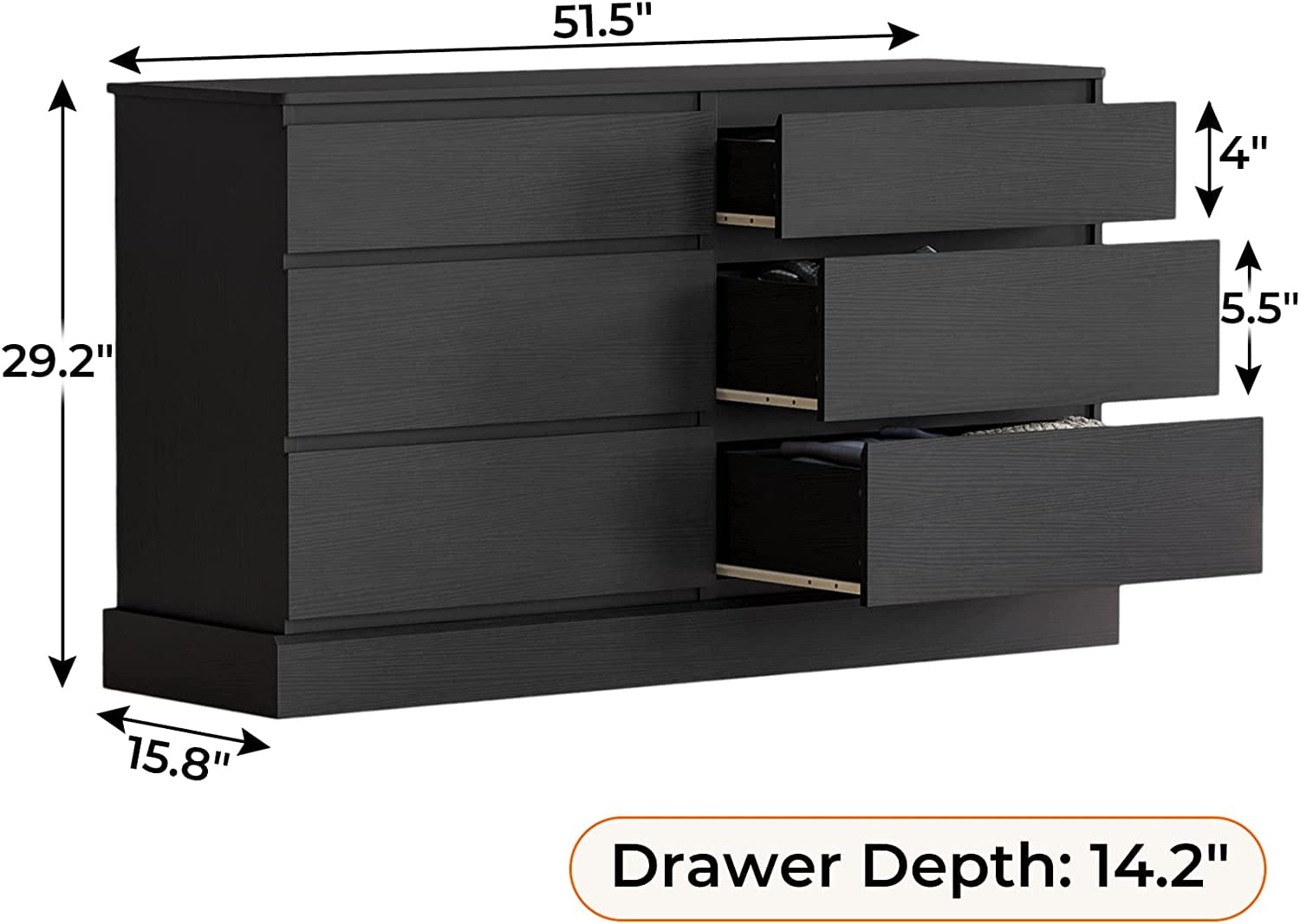 6 Drawer Double Dresser, Large Storage Cabinet for Bedroom, Hallway, Entryway, Black