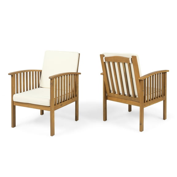 Ray Acacia Outdoor Acacia Wood Club Chairs, Set of 2, Brown Patina and Cream