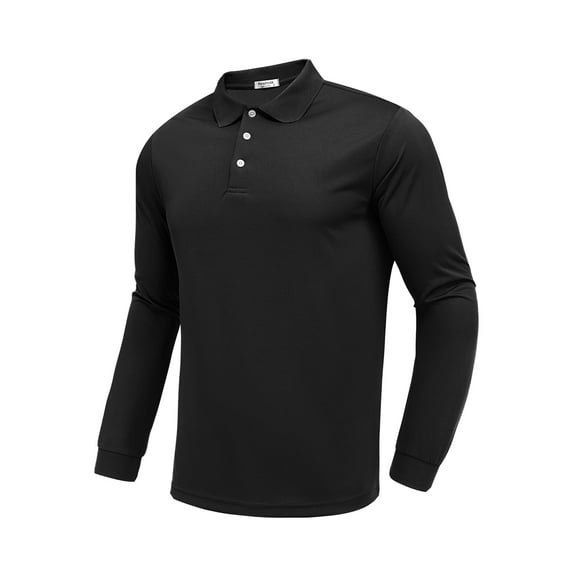 PINSPARK Mens Black Long Sleeve Polo Slim Fit Golf Shirts for Men Quick Dry Moisture Wicking Polo Shirts Collared Shirt Men