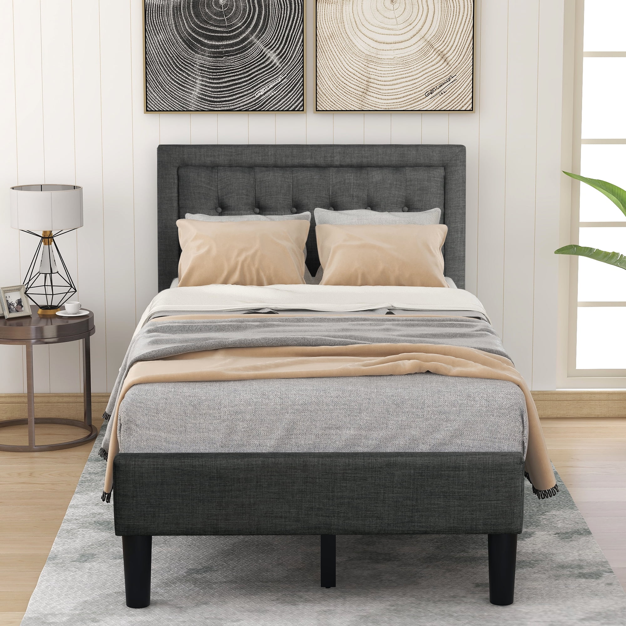 Button Tufted Platform Bed, Twin Size Bed Frame with Headboard, Gray