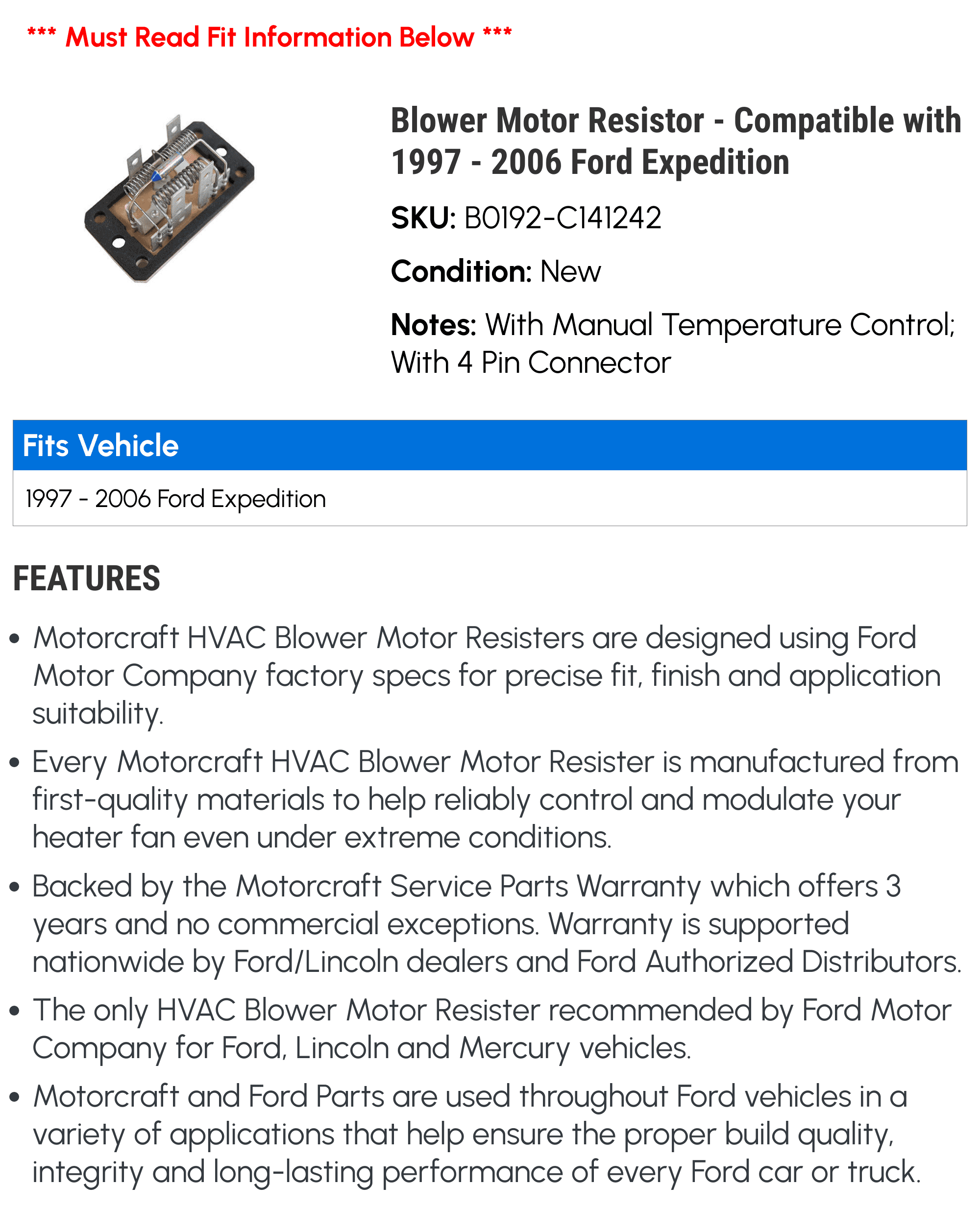 Blower Motor Resistor - Compatible with 1997 - 2006 Ford Expedition 1998 1999 2000 2001 2002 2003 2004 2005