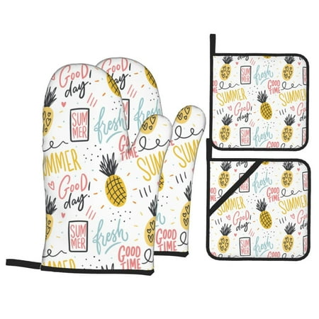 

Oven Mitts and Pot Holders Sets 4 pcs Cute Pineapple Good Day Non-Slip Oven Gloves Potholders Soft Quilted Lining Heat Resistant Gloves Hot Pads for Kitchen Cooking Baking