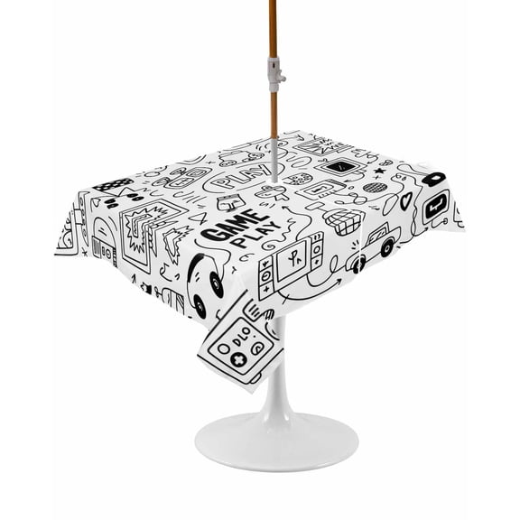 Video Game Rectangle Outdoor Tablecloth, Waterproof Table Cloth Cover with Umbrella Hole and Zipper, Black White Game Controller Monochrome Table Protector for Patio Party Picnic 60"x102"