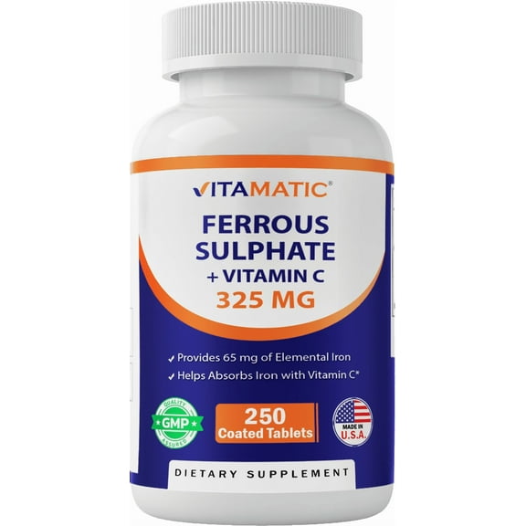 Vitamatic Ferrous Sulphate 325 mg Vitamin C 100 mg - (65 mg Elemental Iron) High Potency Iron Supplement | No Artificial Color Additives - 250 Coated Tablets - Made in USA