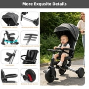 XJD 9 in 1 Multifunctional Tricycle for Toddlers, 2-4 Years Kids Foldable Tricycle with Adjustable Canopy, Detachable Backrest and Push Handle, Black