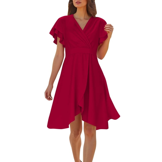 Hinvhai Womens Summer Dresses Floral Cap Sleeve Wrap V Neck Ruffle A-Line Sun Dress Wine M(M)