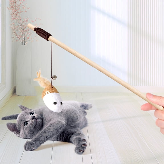 Natural Wooden Handle Cat Teaser Wand, Interactive Cat Toy with Elastic Rope, Linen Mouse, Feather & Bell for Kitten & Adult Cat Play, Exercise & Bonding,A