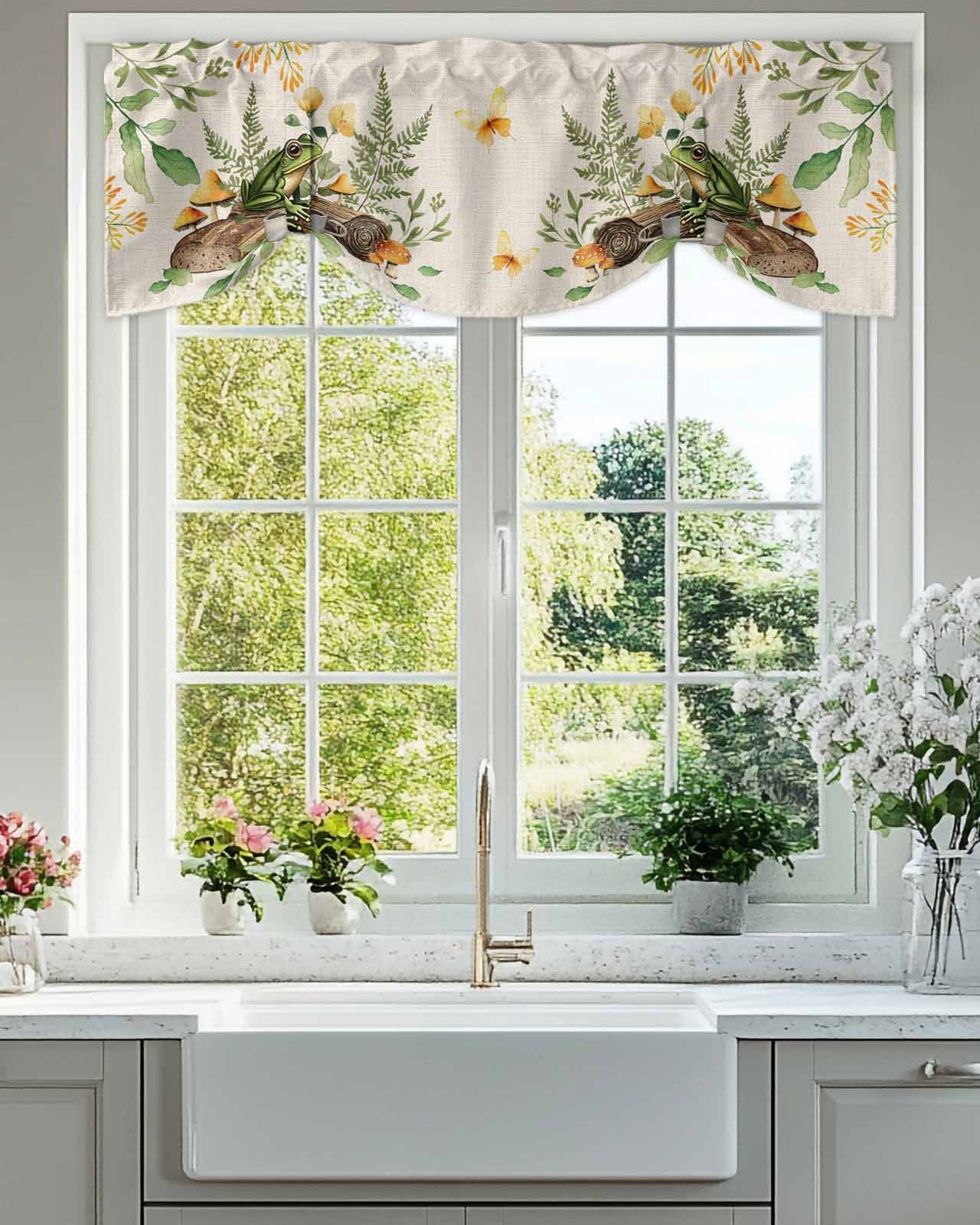 Green Frog Tie Up Valances Curtain, Adjustable Kitchen Coffee Mushroom Butterfly Vintage Linen Valances for Windows Decor, Rod Pocket Short Curtains Set for Bedroom/Bathroom, 54"x18"
