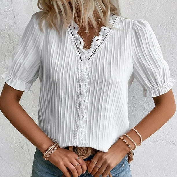 Chemise de grande taille pour femme a manches bulles Chemisier decontracte en dentelle Couleur unie Tenue quotidienne FLhrweasw Nuevo Bodega Aurrera en linea