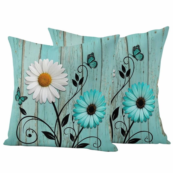 Turquoise Daisy Farmhouse Outdoor Waterproof Pillow Covers, Country Teal Floral Decorative Square Throw Pillowcase Sofa Cushion Sham for Patio/Couch/Chair, 26"x26" 2 Pack