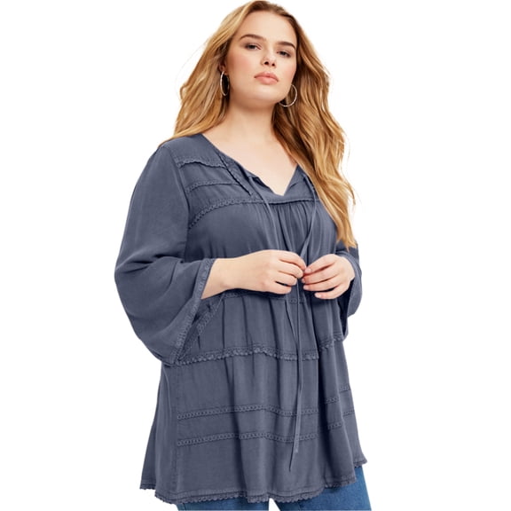 June & Vie Women's Plus Size Acid Wash Peasant Blouse