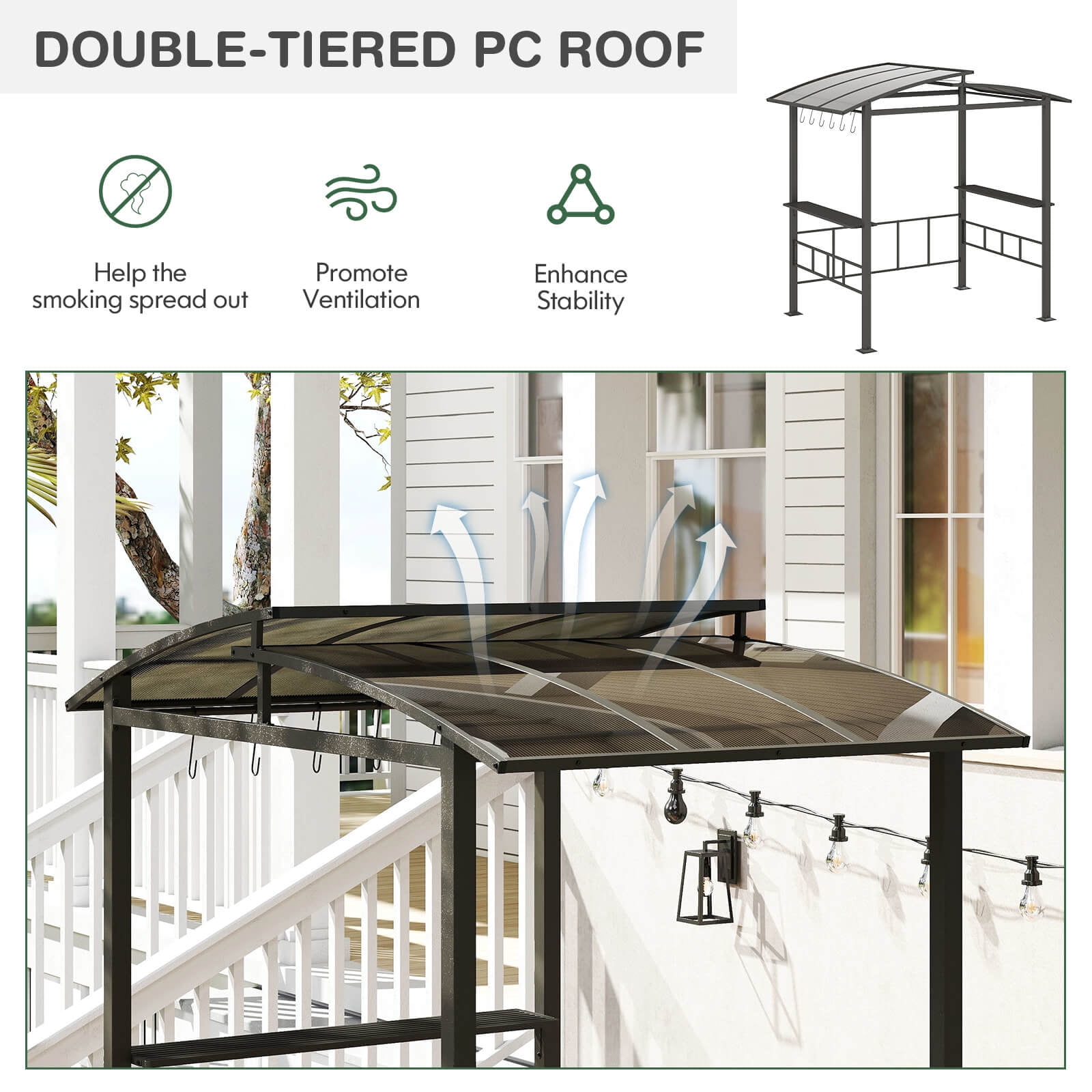 Costway 8' X 5' Hardtop Grill Gazebo with  Vented Polycarbonate Roof Side Shelves Hooks