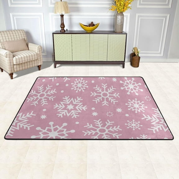 SKYSONIC Winter Pink Snowflake Non-Slip Area Rug, Christmas Theme Floor Carpet Comfort Floor Mats Decor for Indoor Front Porch Living Room Bedroom Kitchen, 36"x24"