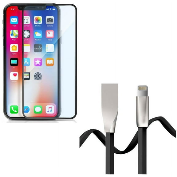 iPhone XS/X - Anti-Glare Screen Protector w 6ft USB Cable - Tempered Glass Matte 3D Curved Edge Anti-Fingerprint Case Friendly, Flat Charger Cord Power Wire Sync Zinc Alloy