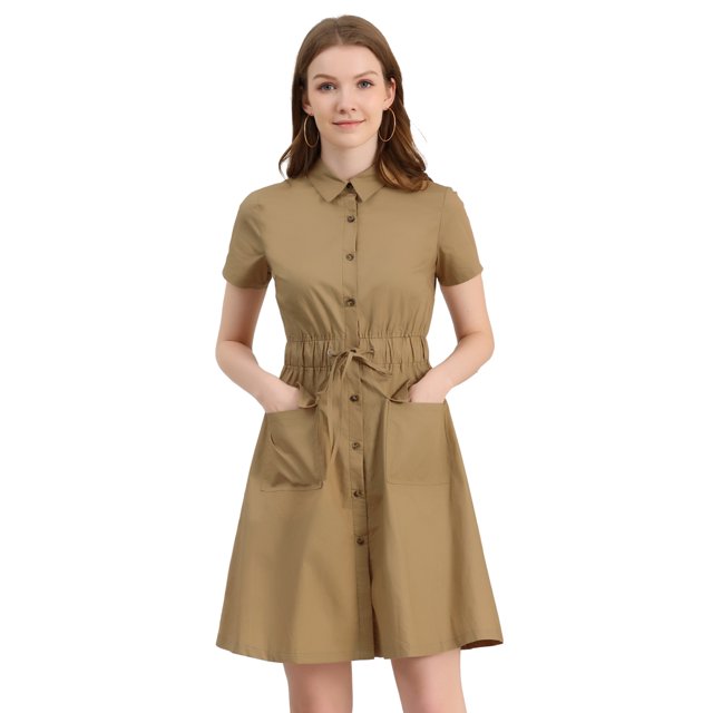 INSPIRE CHIC Robe Courte pour Femme à Col Évasé avec Poches et Taille Élastique