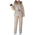 thumbnail image 2 of Womens Winter Ski Suit, Two Piece Outdoor Warm Quilted Windproof Snowsuit Fuzzy Hooded Jackets with High Waisted Snowpants Beige XXL, 2 of 4