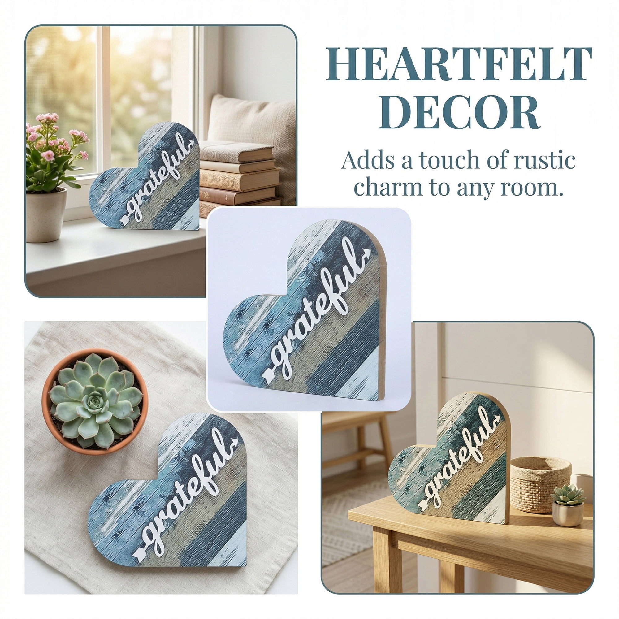 Unique Bargains 2Pcs Wooden Heart Signs Freestanding Heart Tabletop Decor Blue 6.3in