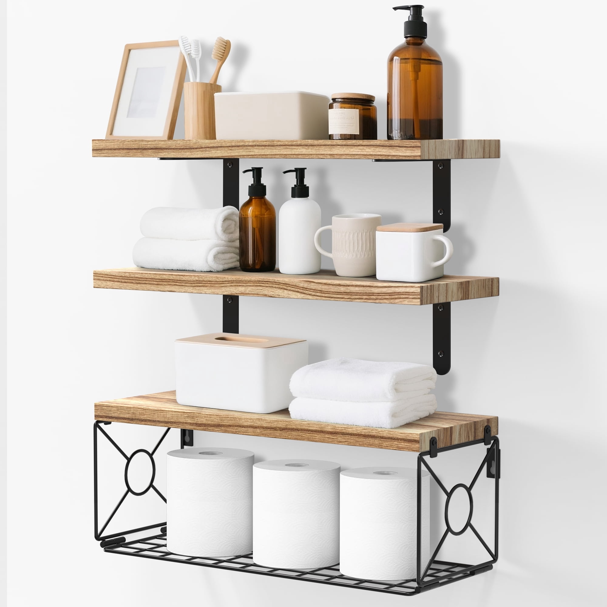 Cshidworld Bathroom Shelves Over Toilet with Storage Basket, 3+1 Tier Floating Shelf for Wall, Bathroom Floating Shelves with Toilet Paper Storage for Living Room Bedroom and Kitchen, Brown