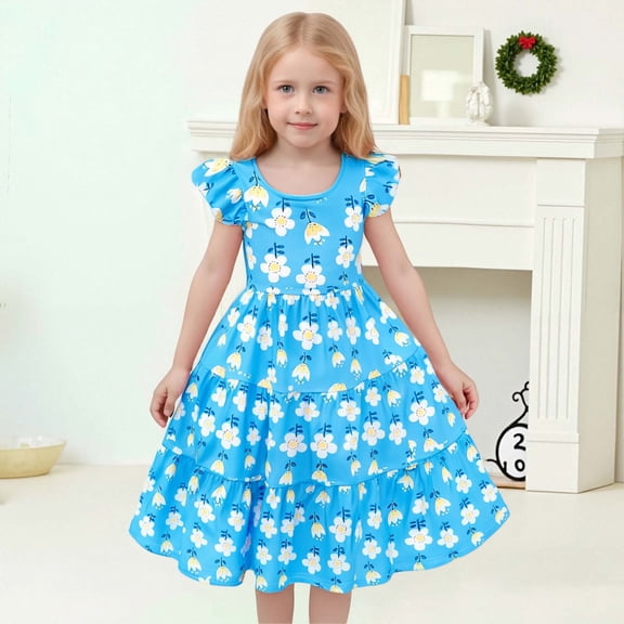 Girls Dresses Kids Toddler Girls Summer Honey Bee Butterfly Print A Line Flutter Sleeves Stylish Casual Dress Little Girl Dresses Blue 6 Years-7 Years