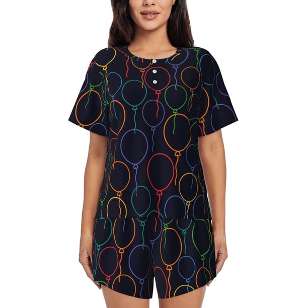 Balery Colorful Balloons Conjunto de Pijama para Mujer con Estampado, Dos Piezas de Manga Corta y Shorts, Ropa de Dormir Suave con Cuello Redondo y Bolsillos-Small