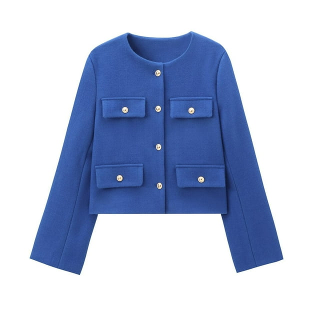 Ailaofu Women's Tweed Jacket Cropped Blazers Spring Summer Round Neck Business Work Office Plaid Jacket
