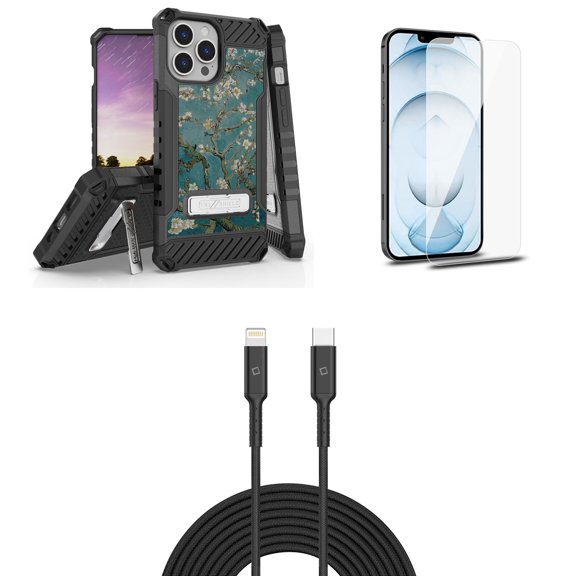 Bemz iPhone 13 Pro Max Bundle: Tri Shield Shockproof Armor Rugged Case (Midnight Cherry Blossom), Premium Glass Screen Protectors (2-Pack), USB-C to Lightning Cable (3.3ft/1m)