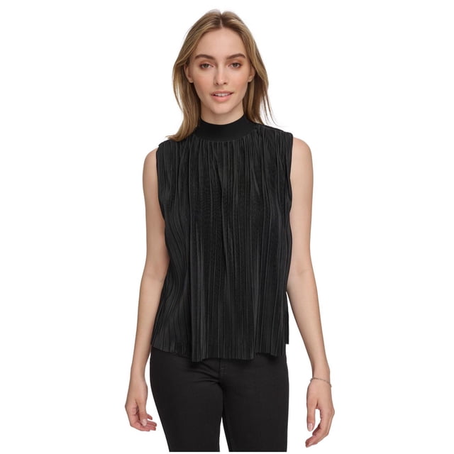 Calvin Klein Womens Plisse Mock Neck Halter Top Shirt, black, XL
