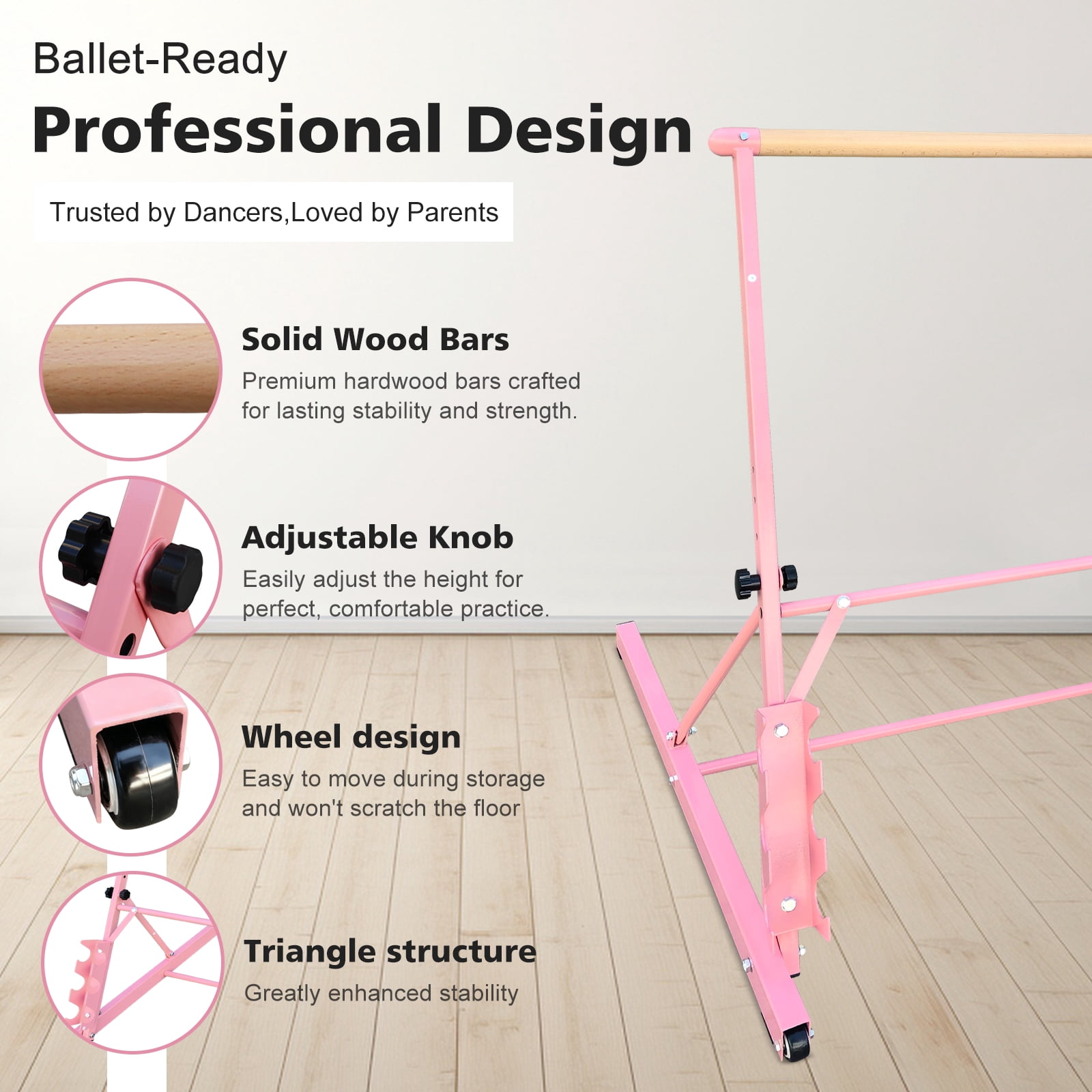 Solid Wood Ballet Barre 3.5FT with Adjustable Height 31.5-39.5 Inches, Portable Dance Practice Barre with Wheels for Home, Studio, Adjustable, Pink