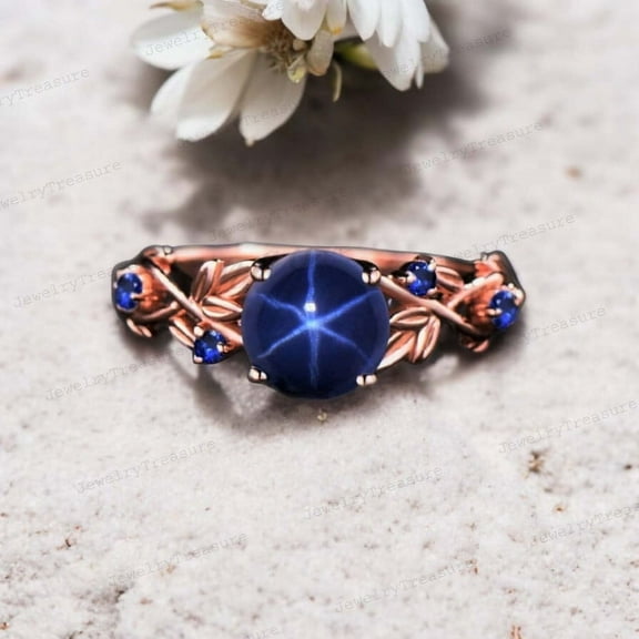 JEWELRYTREASURE 5 mm / 1 Ct Nature Inspired Starry Sky Star Sapphire Engagement Ring Round Cut Silver Leaf Blue Star Wedding Ring Personalized Jewelry Promise Ring Gift for Women