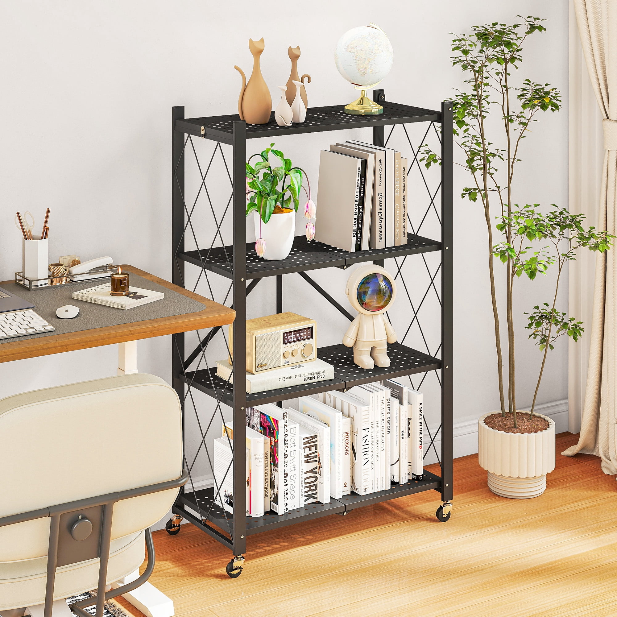 Furnibear 4-Tier Folding Storage Shelves with Wheels, Foldable Metal Rack, Collapsible Shelves for Garage, Kitchen, Basement, Black