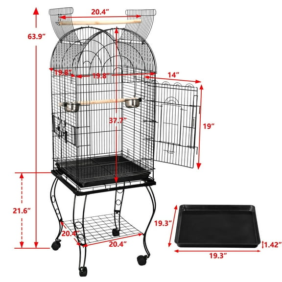 PRZL 63.5'' Rolling Bird Cage Large Wrought Iron Cage for Cockatiel Sun Conure Parakeet Finch Budgie Lovebird Canary Medium Pet House with Rolling Stand & Storage Shelf
