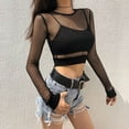 thumbnail image 2 of Women Crop Tops Black Fishnet Sheer Long Sleeve Crew Neck Shirt, 2 of 3