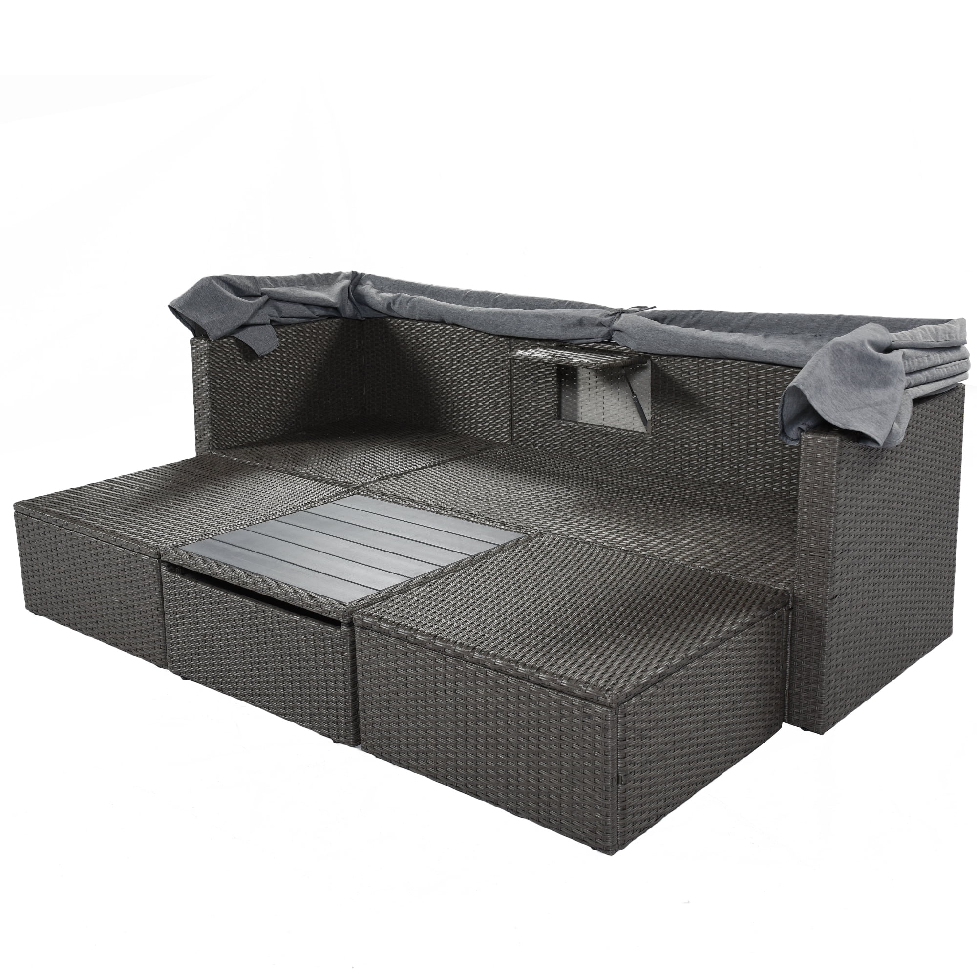 MAYEERTY Patio Rectangle Outdoor Sofa Wicker Sectional Retractable Canopy Washable Cushions
