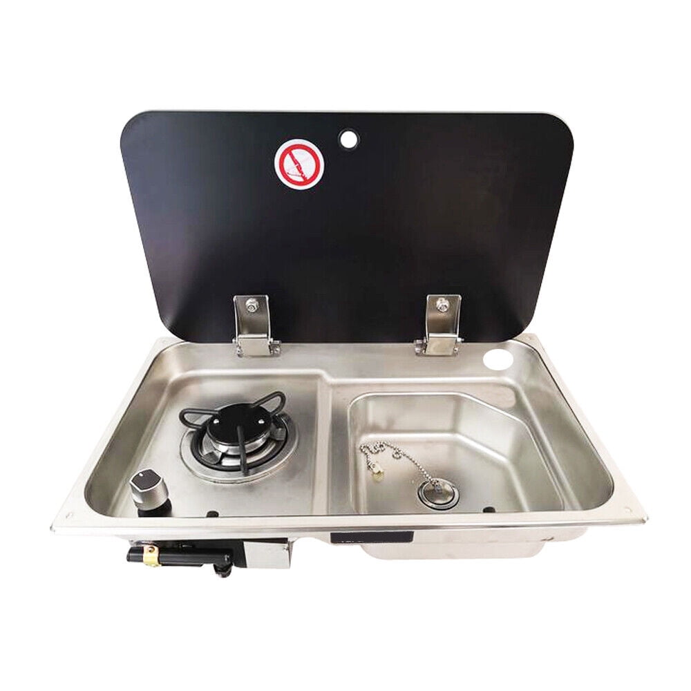 Miumaeov 1 Burner LPG Gas Stove Hob Cooktop +Sink Comb with Tempered Glass Lid for Boat Caravan RV Camper Motorhome