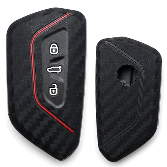 Black Carbon Fiber Pattern Soft Silicone Key Fob Cover w/Red Stripe For Volkswagen MK8 Golf/GTI ID 4, Skoda Octavia with 3/4/5-Button Smart Key