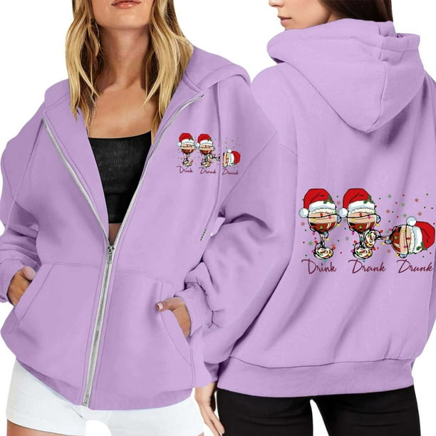 WILLBEST Sudadera Deportiva para Mujer, con Estampado Navideño, Cremallera, Manga Larga, Bolsillo, Cordón Ajustable, Estilo Casual con Capucha, Modelo 1916 Chica