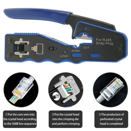 

GUSTVE Crimp Tools Ratcheting Modular Cable Crimper / Wire Stripper / Wire Cutter for RJ45 Cat5 Cat5e Standard and RJ45 Pass-Thru Connectors