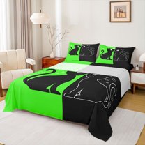 jejeloiu Black Cat Kitten Full Size Sheets,Pet Animal Lover Bed Sheets,Green Black Sheet Sets For Men Women,Microfiber Bedroom Decor,4pcs