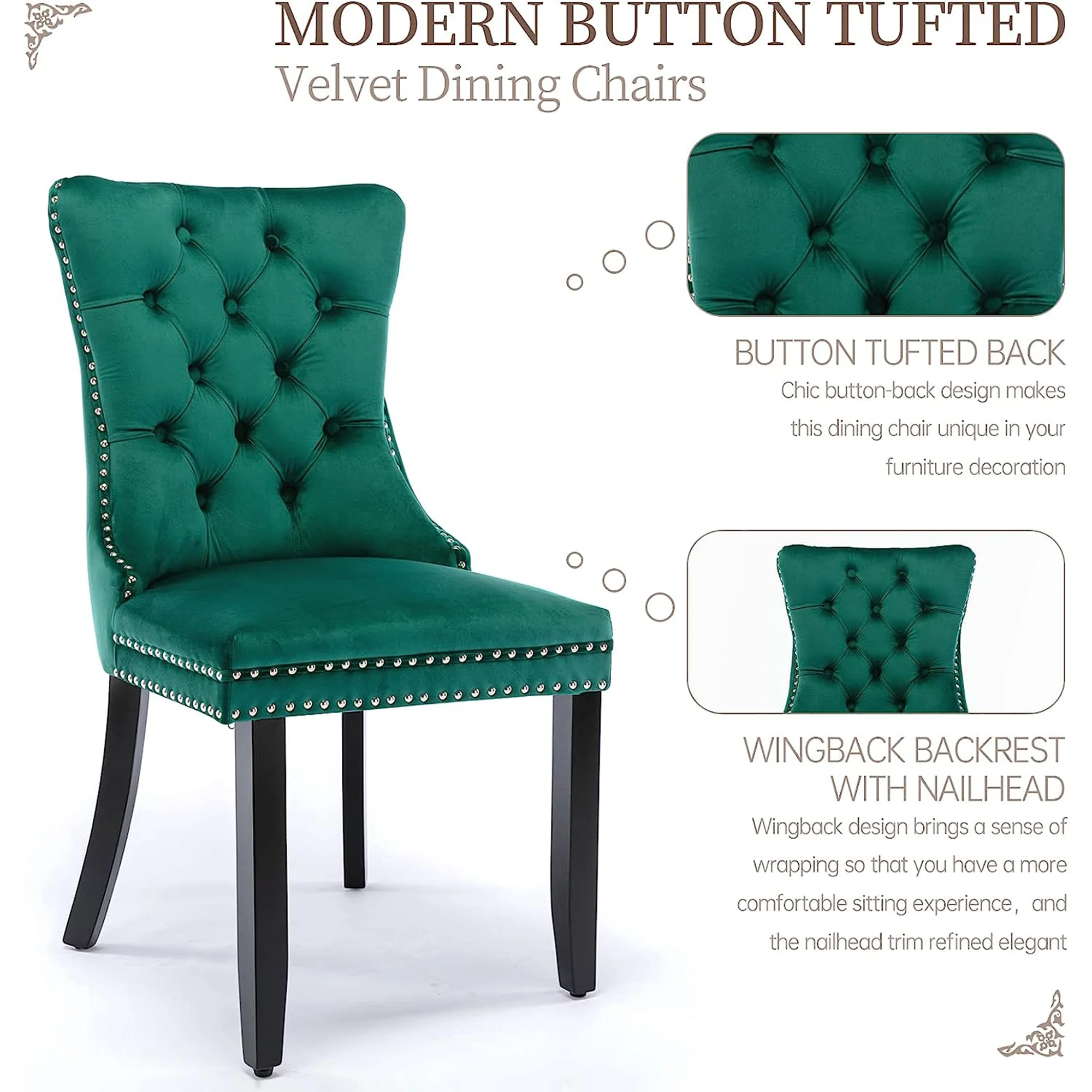 Dining Chairs Set of 2, Upholstered High-End Tufted Dining Room Chair with Back Ring and Nailhead Trim, Modern Velvet Kitchen Chairs with Solid Wood Legs for Kitchen, Home,Green,