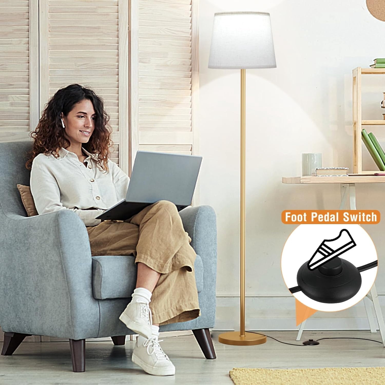 Upgraded Floor Lamps for Living Room, Modern Floor Lamp with Remote Control, Dimmable Colors Temperature Standing Lamp Foot Switch, 9W Bulb Tall Lamps for Bedroom Office Kid Room - Gold