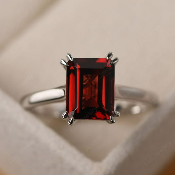 Rectangle garnet bridal ring, emerald cut sterling silver, January birthstone ring